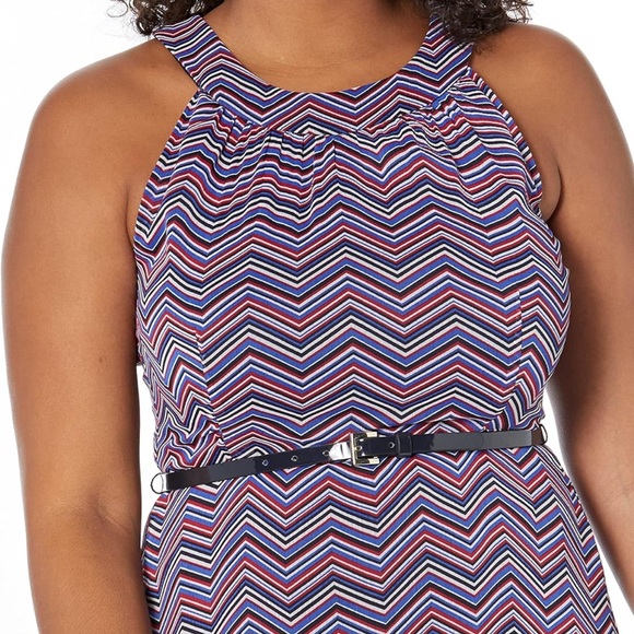 Tommy Hilfiger Chevron Print High Low Ruffle Hem Belted Halter Dress Size 16 - Picture 2 of 12